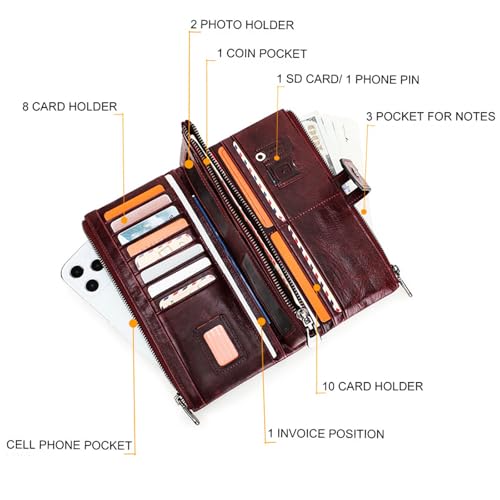 Women’s RFID Blocking Leather Wallet Trifold Clutch with Zipper Snap Button, 18 Card Slots, Phone Compartment, Coin Pocket Durable Organizer (Black)3