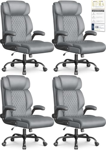 Image of Office Chair-Executive High Back Breathable Big and Tall Office Chair Flip-up Armrests Lumbar Support-Ergonomic Leather Rolling Swivel Chair with Rock Function for Working Studying Gaming,4 Pack