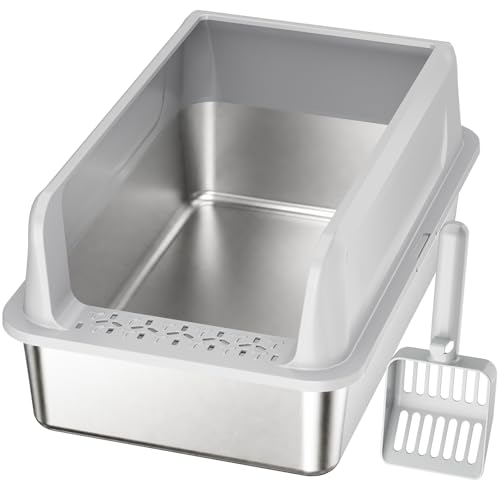 Lifewit Große Katzenklo Edelstahl mit Schaufel Offene Katzentoilette mit hohem Rand für Mittelgroße und Große Katzen Geruchsarm Katzen Klo Cat Litter Box leicht zu reinigen 58x37x26cm Grau