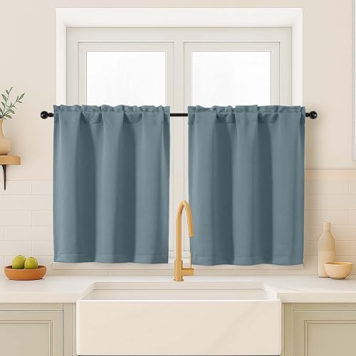 Image of Stone Blue Blackout Curtains for Small Window Treatment, Light Blocking Short Kitchen Window Curtains Over Sink, Dual Rod Pocket Half Window Tiers for Bathroom Basement, Each 40 inch Wx36 L, 2 PCS