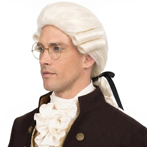 Bettecos Mens Judge Colonial Wig with Glasses Long Blonde Powdered Wavy Wig Costume Cosplay Halloween Party White Wigs (Beige)
