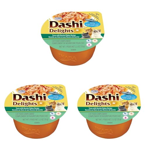 INABA Dashi Delights Gatos - Caldo Saludable con Copos de Atún, Queso y Bonito - Alto Contenido en Proteínas - Ingredientes Naturales - Sin Conservantes ni Colorantes - 70 g (Paquete de 3)