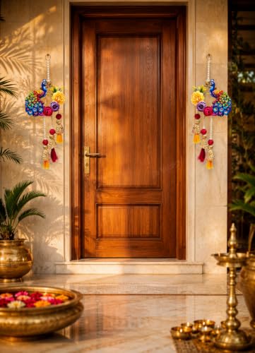 Image of Divyakosh Peacock Side Door Hanging Set of 2 for Home Entrance Decoration, Handmade Decorative Floral Door Hanging with Artificial Flowers, Pearl Bead & Tassels, Main Door Wall Decor for Diwali, Pooja