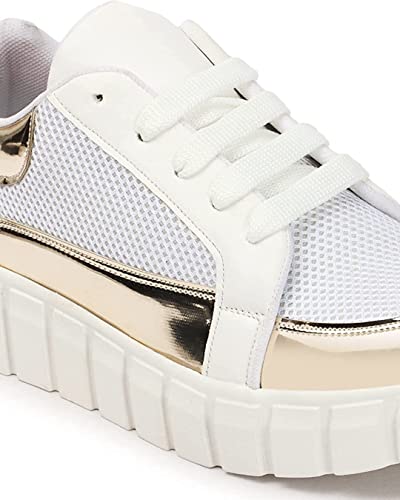 Image of MADANA Women's | Girls Casual Stylish Sneaker Shoes | Black-Shiny Golden | Smart Casual Shoes - 1133