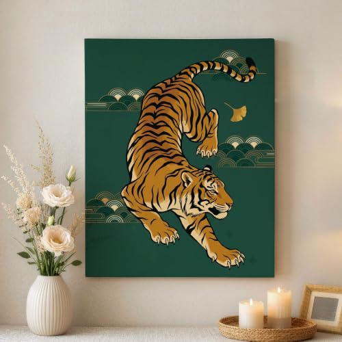 Lienzo de tigre abstracto verde y dorado para transformar tu salón con arte moderno