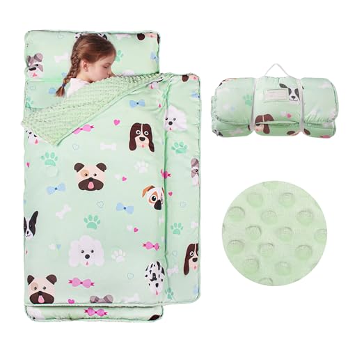 Nap Mat: Toddler Nap Mat with Removable Pillow and Removable Fleece Minky Blanket, Light Weight and Soft Perfect for Preschool and Daycare, 55″x22″ Fit Standard Cot