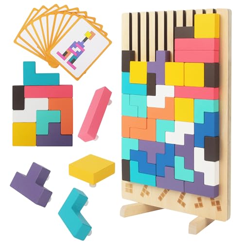 ACOMTUO Intelligenz Puzzle, Tetris Holzpuzzle Kinder, 3D Puzzle Tetris Spiel, mit 10 Karten, Montessori-Spiele 3 4 5 6 Jahre, 3 in 1 Tangram Holzpuzzle Kinder, Geschenke, Geburtstag, Weihnachten