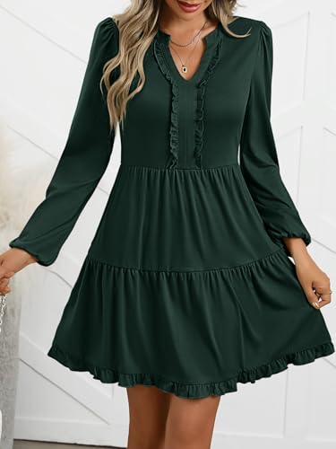 ANRABESS Womens Long Sleeve Dress 2025 Fall Casual V Neck Tiered Flowy Swing Short Mini Dresses Beach Travel Vacation Outfits3