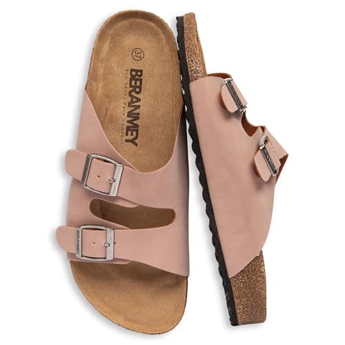 BERANMEY Womens Cork Footbed Sandals with Arch Support Adjustable Buckle Straps Slip-On Sandals for Womens Mens for All-Day Wear (Pink Adult Women 43 Numeric EU Footwear Size System Medium)