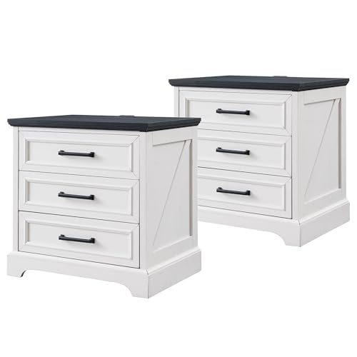 Image of ACCOHOHO Farmhouse Nightstands Set of 2, 22 Inch Wide End Table with Charging Station & 3 Large Drawers, Rustic Wood Small Dresser Chest of Drawers for Bedroom, Living Room, Off White