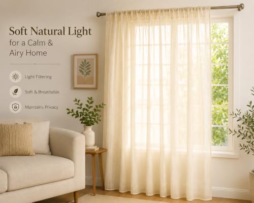 Image of KALIYO Linen Look Sheer Pleated Curtains for Living Room & Bedroom | Premium Light Filtering Window Curtains | Pinch Pleat Header Curtain Panels | Beige | 5FT | 2 Piece Set