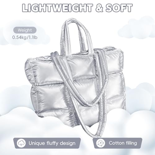 Image of Puffer Tote Bag for Women, Quilted Puffy Handbag, Quilted Shoulder Bag Fluffy Satchel Purse for Work Travel Shopping