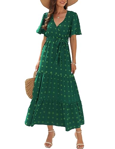 QUNERY Vestido Largo Mujer Verano Cuello en V Vestido Casual Elegante Vestidos Maxi Verano Playa con Cinturón A-Verde M