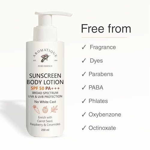 Image of Aromatique Sunscreen Body Lotion SPF 50 PA+++ | Broad Spectrum UVA & UVB Protection | No White Cast | With Carrot Seed, Raspberry & Ceramides | 250ml Body Sun Lotion