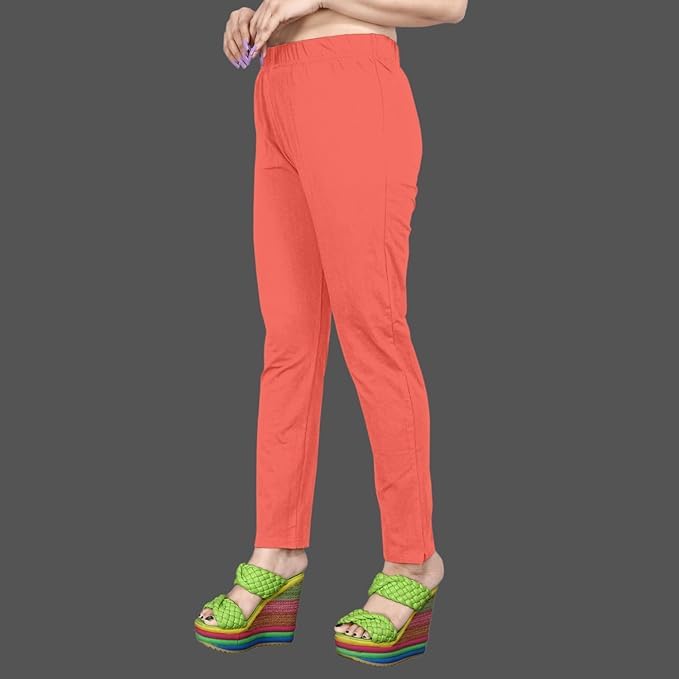 Image of Women's Solid Cotton Lycra Pants-High Waist Slim Fit Stretchable Leggings - Comfortable Long Trousers for Casual, Office & Everyday Wear