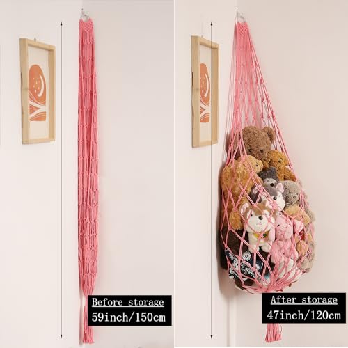 Image of Amdermi Stuffed Animal Net or Hammock Corner Hanging Net for Stuffy Animal Storage Macrame Toy Display Plush Toy Holder Wall Pet Net for Nursery Kid Bedroom Decor Playroom Organizer (Pink)
