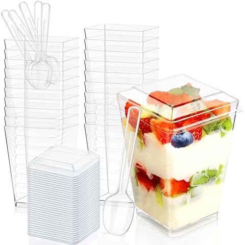 SEANSDA 5oz Plastic Dessert Cups with Lids and Spoons, Clear Yogurt Parfait Cups with Lids, Mini Dessert Cups with Spoons, Small Square Appetizer Cups for Fruit Party Pudding Shooter - 20 Pack Cover