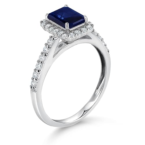 Gem Stone King 10K White Gold Blue Sapphire and White Lab Grown Diamond Halo Engagement Wedding Ring For Women (1.90 Cttw, Emerald Cut 7X5MM, Available In Size 5, 6, 7, 8, 9)3