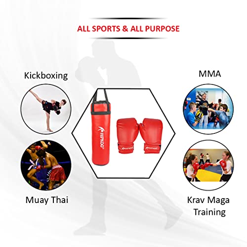 Image of Hipkoo Sports Boxing Combo Set | 1 Unfilled Punching Bag (3 ft) and 2 Boxing Gloves | Ideal for Men & Women for Boxing Training Gloves & Bag, MMA, Kickboxing and Sparring (Red)