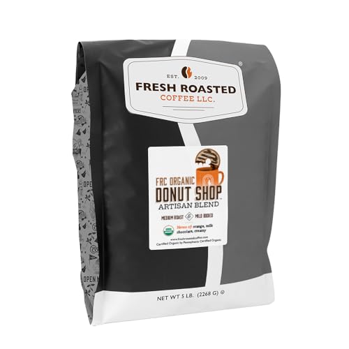 Fresh Roasted Coffee, Organic Donut Shop Whole Bean Coffee, Medium Roast, USDA Organic, Kosher, 5 lb (80 oz)