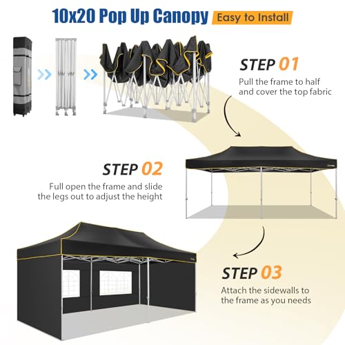 Image of Hoteel 10x20 Heavy Duty Pop Up Canopy Tent with 4 Sidewalls, Black