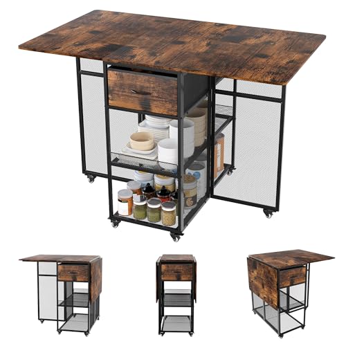 TQVAI Folding Dining Table 4-6 People Large Heavy Duty Drop Leaf Foldable Tables with 2 Drawers 6 Wheels 2-Layer Storage Shelf for Small Space Dinging Room Kitchen Patio Outdoor Camping, Black/Antique
