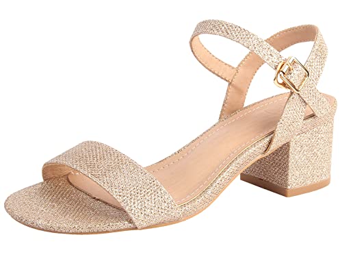 DADAWEN Women's Open Toe Ankle Strap Glitter Low Block Chunky Heels Sandals Dress Pumps Shoes Gold US Size 9
