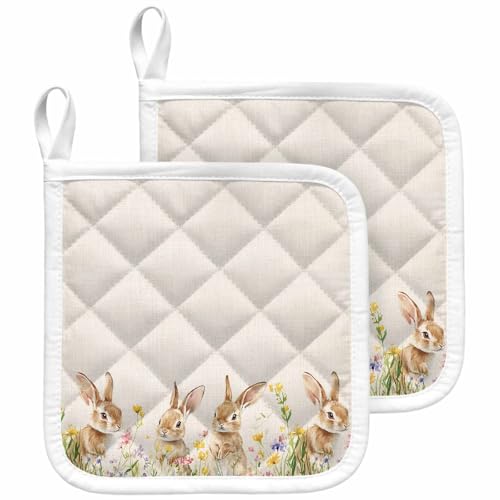 Pot Holders for Kitchen Easter Farm Cute Rabbits Flower Set of 2 Potholders Heat Proof Non Slip Oven Pot Holder Insulation Cloth Hot Pad with Loop Watercolor Floral on Burlap