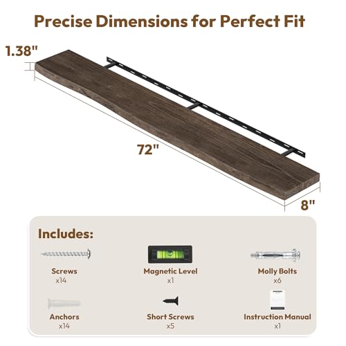 Image of Vivelove Wood Floating Shelves Live Edge 72 inch Set of 1, Dark Walnut
