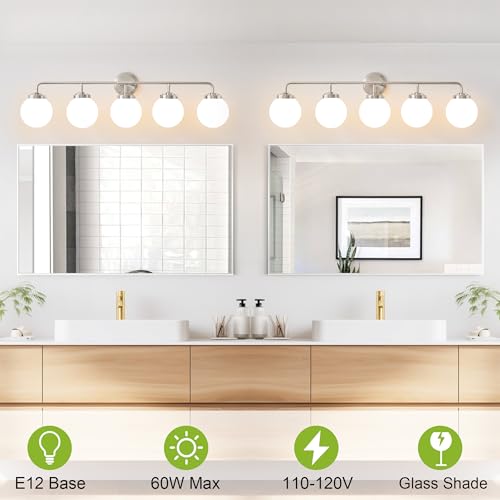 Image of Bathroom Light Fixtures 39in 5-Light Brushed Nickel Vanity Light for Mirror | Bathroom Lighting Fixtures over Mirror, ETL, Brushed Brass Wall Sconce, Dimmable E12 Base Max 60W, Milky Glass Ball Shades
