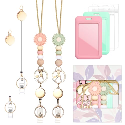 Image of Colorful ID Badge Holder with Silicone Beads Lanyard Set,Cute Teacher Breakaway Lanyard for Keys & Keychain with Cute Retractable Badge Reel Holder,Gift for Women,Nurse, Teacher. (Daisy 3)