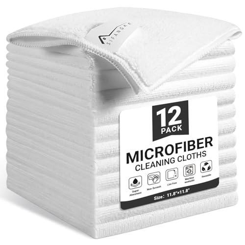 SIFANGKE Microfiber Cleaning Cloth, 12 Pack Lint-Free and Highly Absorbent Rags, White Reusable Microfiber Towels for Car, Kitchen, Bathroom and Household Cleaning Supplies, 11.8'X11.8'
