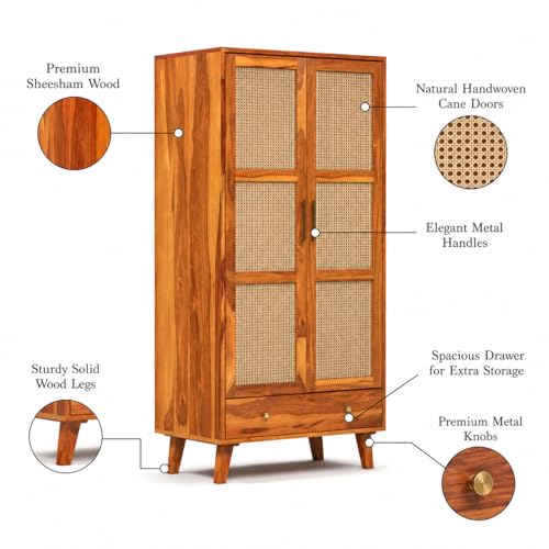 Image of PS DECOR Solid Sheesham Wood Wardrobe with Cane Rattan Doors | Modern Wooden Storage Almirah with Drawer | 2 Door Clothes Cabinet for Bedroom & Living Room (Honey Finish)