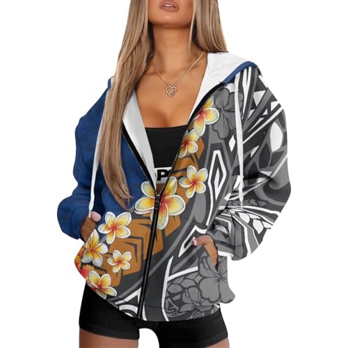Guosanchn Women Hoodies Hawaiian Hoodies Hibiscus Long Sleeve Zip Up Sweatshirts with Pockets Puletasi Samoan Geometric Clothes Fashion Coat Ladies Comfy Tattoo Design Outfits XL