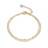 Women Dainty Anklet,14K Gold Plated Satellite Anklet Double Layered Cute Beads Chain Tassel Coin Dis