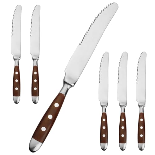 Alata Steakmesser Set 6 Stück,Küchen Steakbesteck Messer set,Scharfe Pizzamesser, Braunen Griffen,Edelstahl poliert,Wellenschliff,für Haushalte das Esszimmer, Serie Berlin
