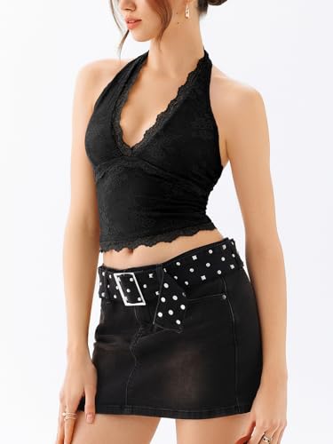 REORIA Womens Sexy V Neck Lace Halter Backless Going Out Double Lined Y2K Trendy Cropped Tank Tops4
