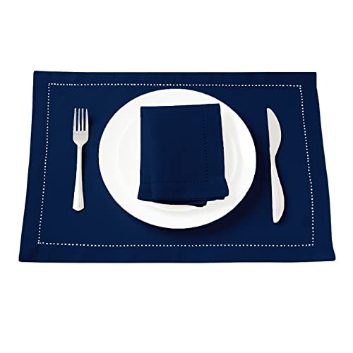 Image of Encasa XO Table Mats Set of 4 | Pure Cotton Hemstitched Design | Scotch Blue | Rectangular Size 48x32 cm - Dining Placemat | Machine Washable