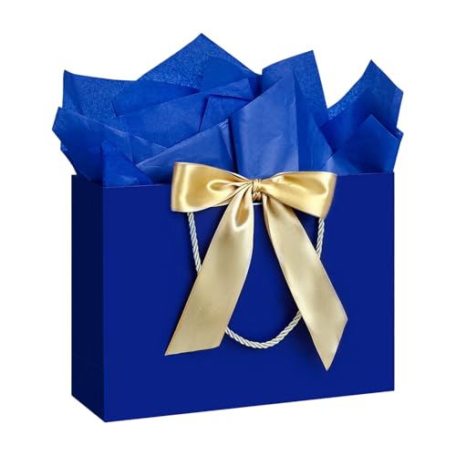 Image of JMANNI Gift Bags with Handles, 13 inch Medium Gift Bag for Presents, 1 Pcs Bags with 2 Tissue Paper and 1 Cards for Baby Shower Wedding Bridal Shower Mother's Day Birthday Party(Blue)