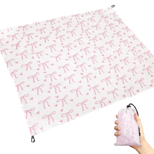 HunnmingRe Bow Pocket Picnic Blanket Lightweight Portable Compact Beach Mat 55 x 60inch Foldable Fits into Small Bag Sandproof Waterproof Quick Dry Outdoor Picnic Mat for Hiking Camping Travel Pink