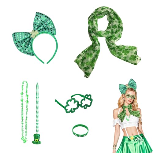 St. Patrick's Day Trèfle Couvre-chef bandeau Set, Accessoires de Saint-Patrick - Ensemble d'accessoires de fête de la Saint-Patrick comprenant bandeau, lunettes, colliers, bracelet et écharpe
