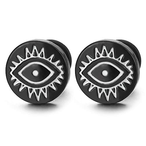 10MM Stainless Steel Black White Evil Eye Circle Stud Earrings for Men Women, Screw Back, 2pcs