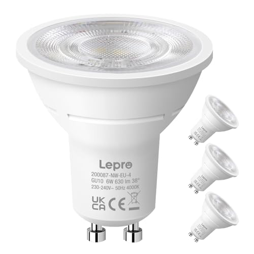 Lepro Bombilla LED GU10, Blanco Natural 4000K, 6W Equivalente a 80W, Lámpara LED GU10 630 LM, Larga Duración y Bajo Consumo, NO Regulable, Ángulo de Haz de 38°, Paquete de 4