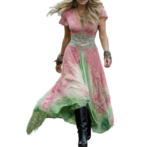 Zeiayuas Boho Dress Ladies Summer Short Sleeve V Neck Plus Size Flowy Maxi Dresses Boho Beach Floral Embroidered Dress Elegant Party Casual Long Dresses A-line Holiday Bohemian Sundress Pink