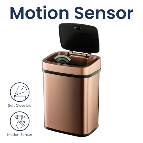 Image of Ninestars 3 Gallon Automatic Trash Can, 12L Touchless Motion Sensor Bathroom or Bedroom Garbage Can with Odor-Sealing Lid, Rectangular Gold Stainless Steel Base, Black Lid