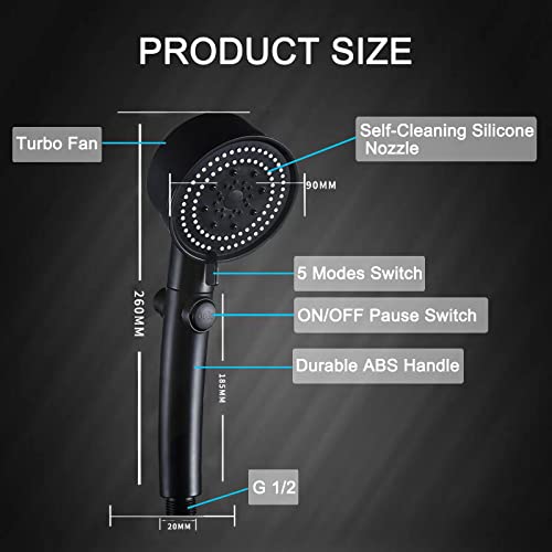 Hivehicle Handheld Turbocharged Pressure Rain Black Shower Head 6 Mode Function Upgrade Propeller Driven High-Pressure Shower Heads & Pause Switch, Modern Water Saving Vortex Shower Head,Matte Black #TOP6