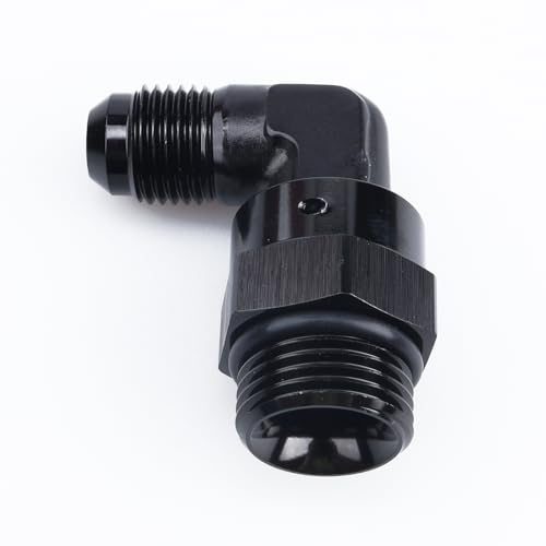 Image of AC PERFORMANCE Black Aluminum 90 Degree -6 AN Male Flare to -8 AN ORB O Ring Port Thread 3 /4 x 16 Swivel Fitting Adapter