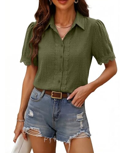 Image of siliteelon Womens Summer Button Down Lace Blouses Lapel Trim Dress Casual Shirts 2026 Fashion Business Short Sleeve Tops