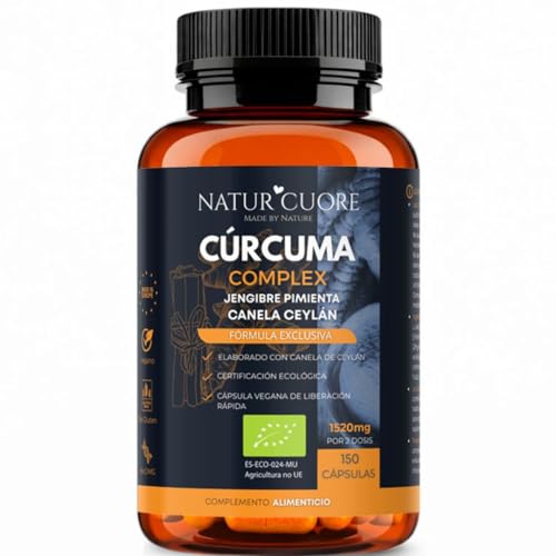 Cúrcuma Orgánica Complex 1520mg con Jengibre, Pimienta Negra y Canela Ceylán – 150 Cápsulas Veganas – Curcumina con Piperina – Alta Potencia – Sin Gluten ni OGM