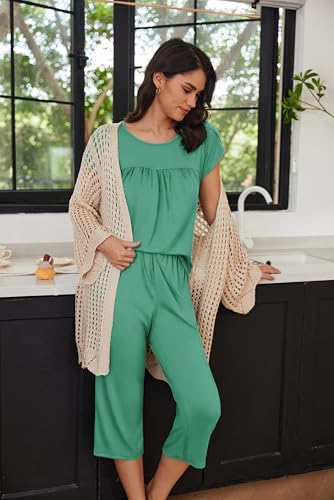 Image of Ekouaer Women's Capri Pajama Set Short Sleeve Mumu Pjs Pleated Top Capri Pants with Pockets Sleepwear Lounge Set